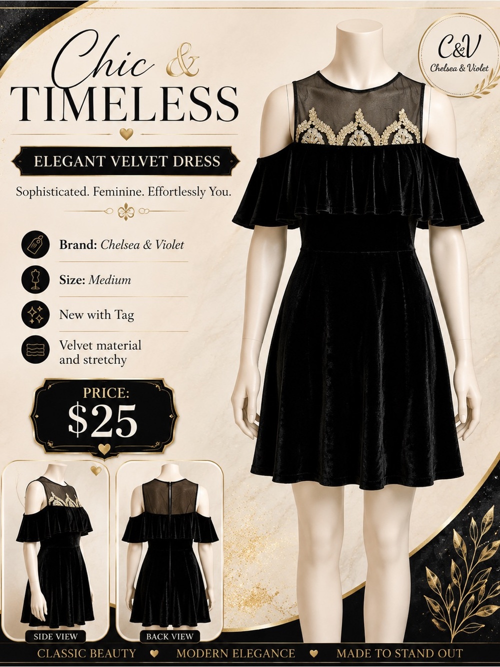Chelsea & Violet Black Velvet Cold-Shoulder Dress with Gold Embroidery
